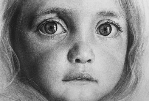 Bright Eyes - drawing eyes. Contemporary Photo-realistic charcoal portrait of a little girl by Singapore visual artist Liu Ling