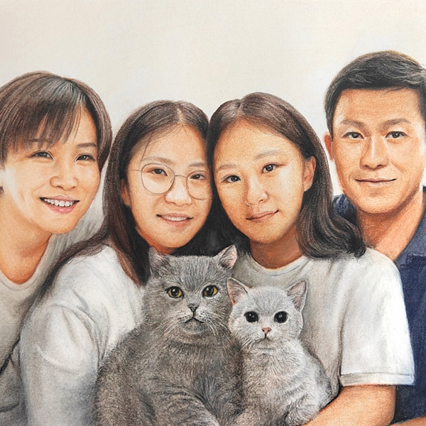 Commissioned family portrait drawing with 2 cats