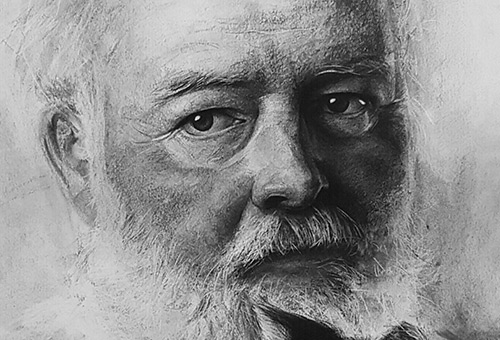 Ernest Hemingway - contemporary realistic charcoal portrait drawing by Singapore portrait artist Liu Ling