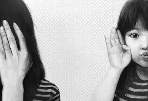 Monochromatic portrait drawing of a cute girl peeking out