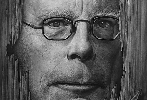 Stephen King - black and white portrait drawing artwork of famous writers by Singapore drawing artist Liu Ling