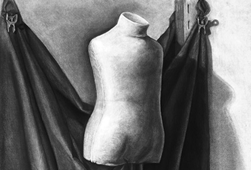 Mannequin - realistic black and white still life art study by Singapore contemporary fine art artist Liu Ling at Art Is Charcoal Drawing Course