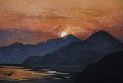Landscape drawing of sunrise scenery