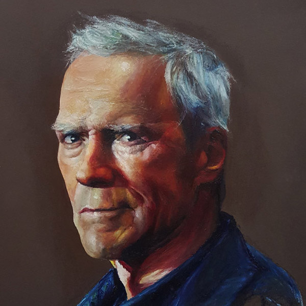 Clint Eastwood - realistic celebrity oil portrait painting by contemporary Singapore artist Liu Ling