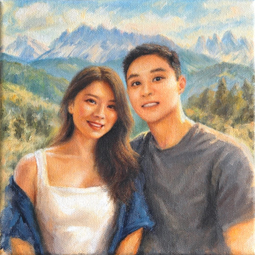 Custom oil couple portrait with a scenic Italian Dolomites mountain background, painted by Singapore artist Liu Ling. Special gift.