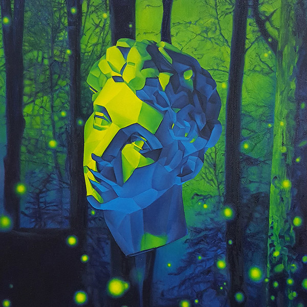 Giuliano de' Medici - realistic oil  painting of a plaster cast head floating at a dark night in the woods dancing with beautiful fireflies