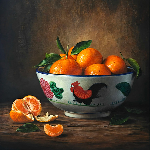 Still Life with Rooster Bowl by Liu Ling, acrylic on canvas, 2026